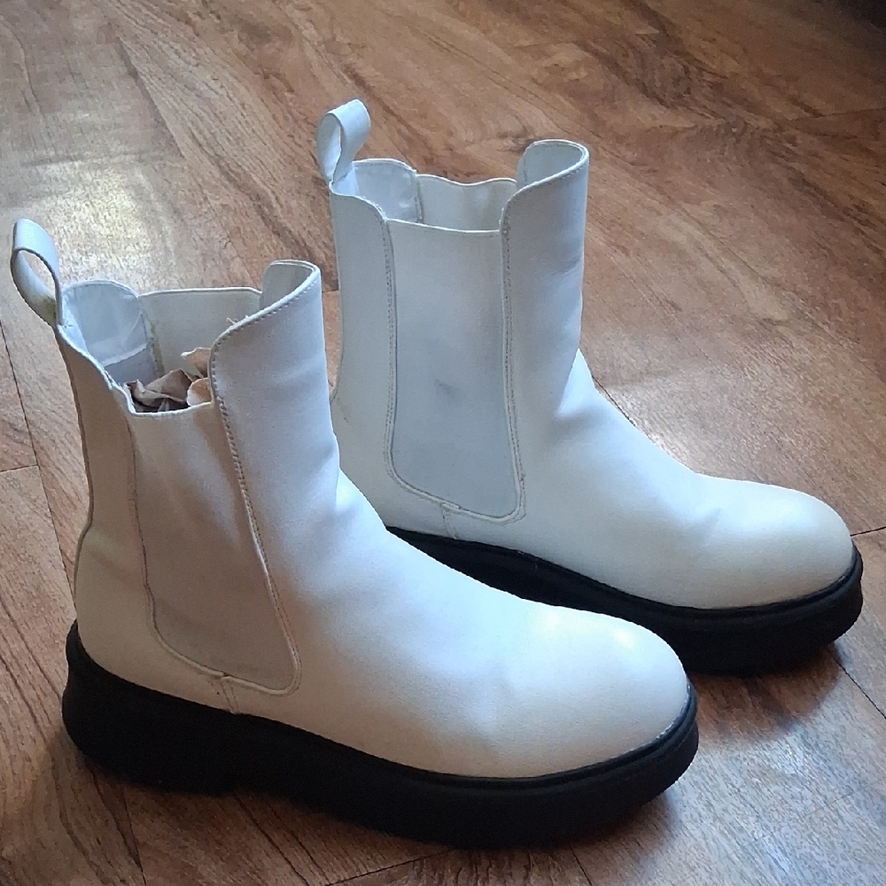White Chelsea Booties with Black Sole